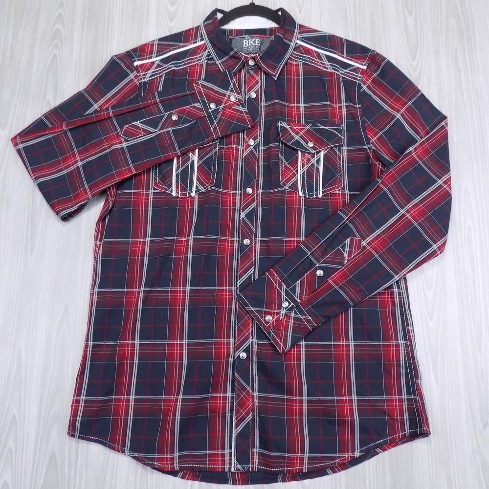BKE Button Down Shirt Mens M Red Blue Plaid Excellent Western Pearl Snap